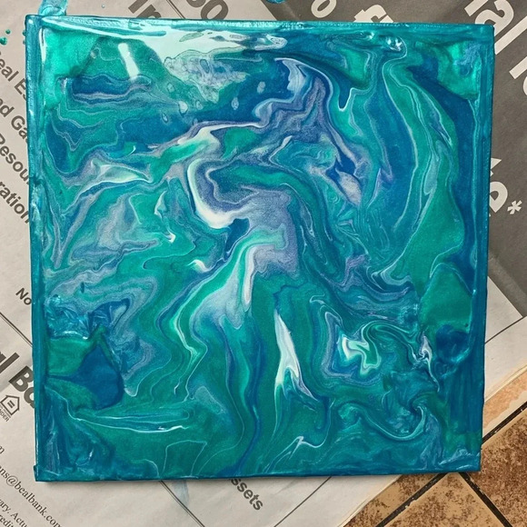 Teal, Blue, White and Green Paint Pour - 8”x8” canvas board - Picture 8 of 8